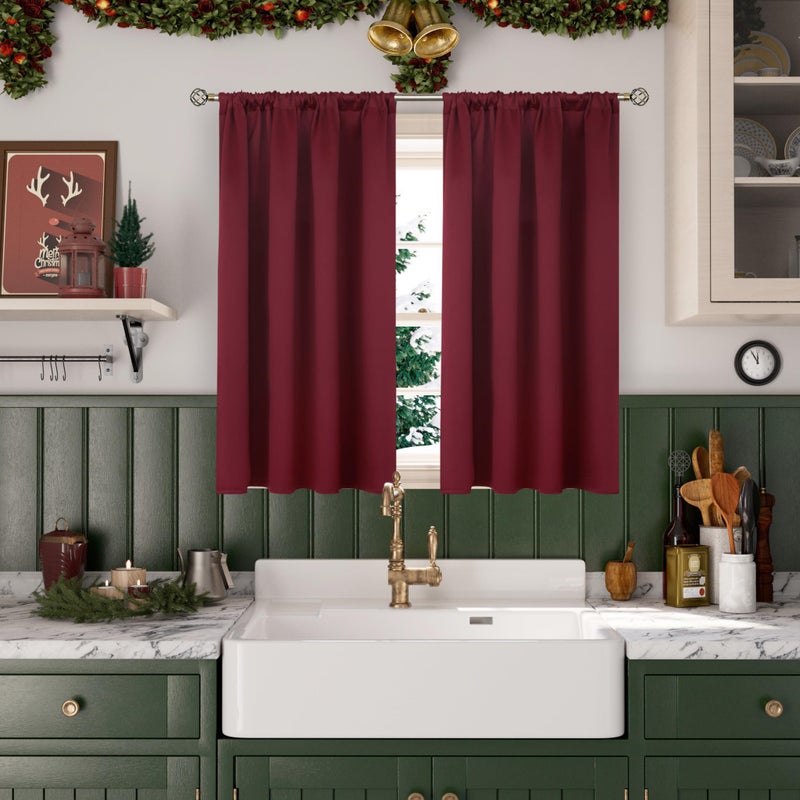 BGment Short Burgundy Blackout Curtains 45 Inches Length - Rod Pocket Thermal Insulated Room Darkening Window Drapes for Bedroom Kitchen Christmas Decorative, 42 x 45 Inch, 2 Panels - Image 2